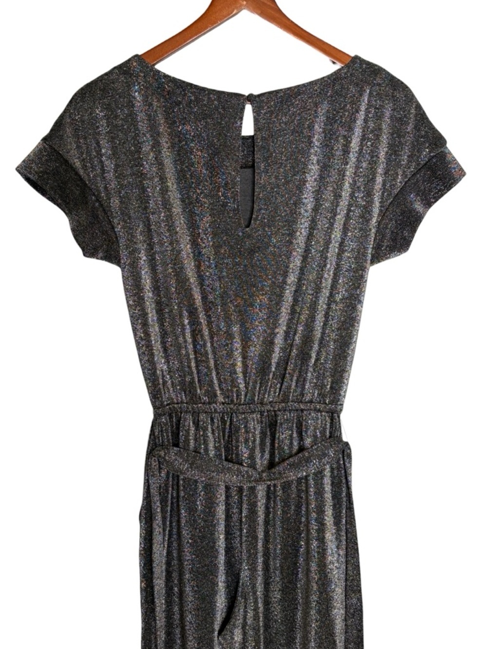 Evereve Silver Sparkle Knit Belted Wide Leg Jumpsuit • Size XS - Picture 4 of 11